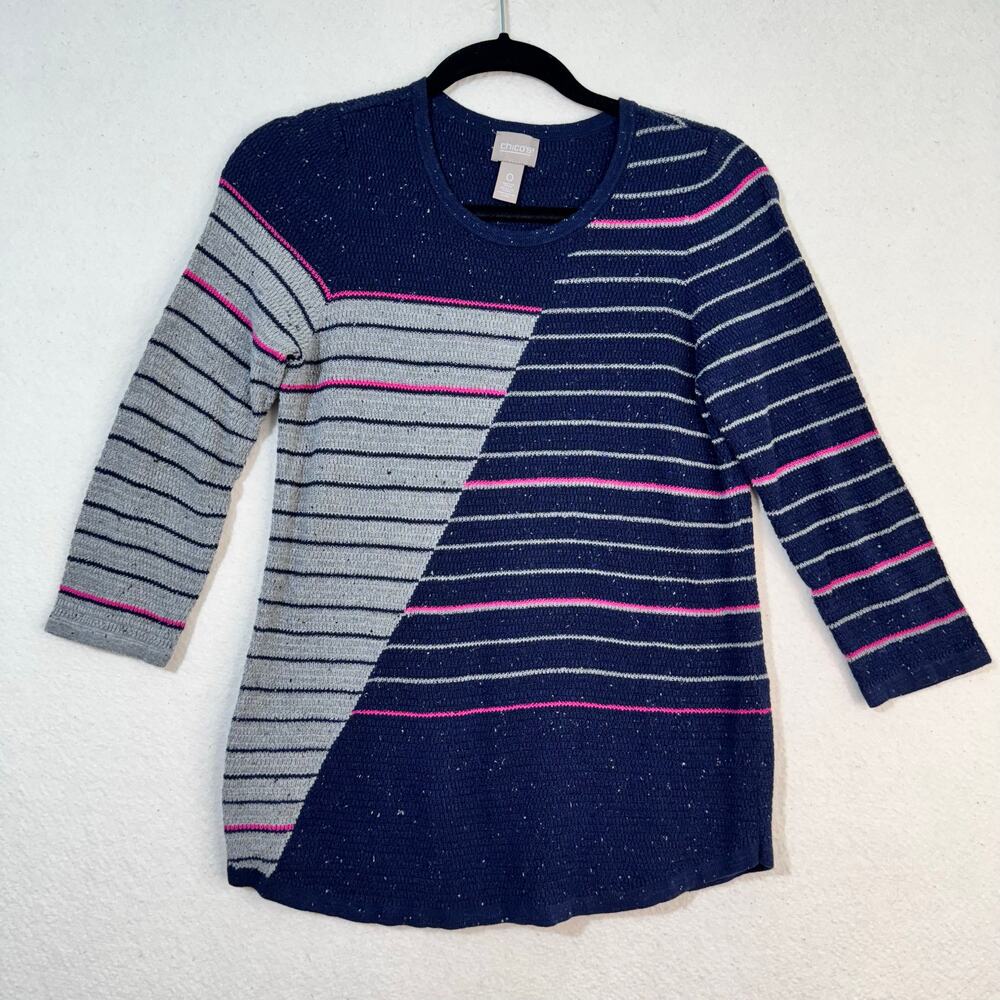 Chico's Navy Gray Pink Color Block Striped Tunic Sweater 3/4 Sleeve Size 0/Small